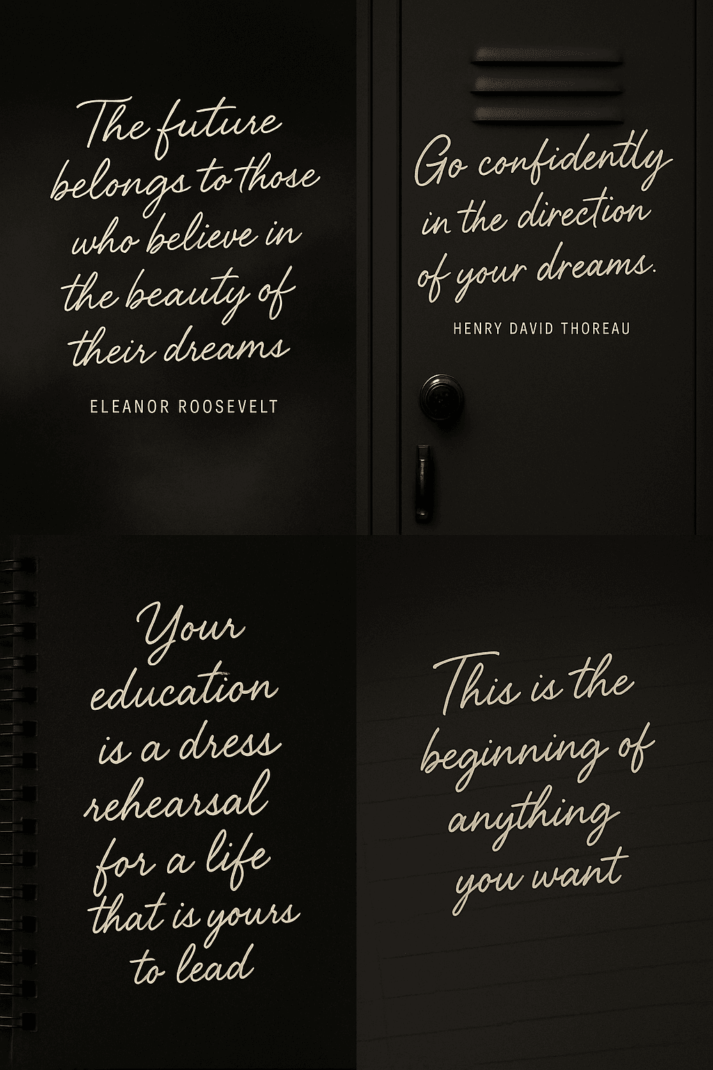 Grid of dark-toned, moody quote cards for Pinterest and Instagram🖤 Think- black gradients, handwritten font overlays, student locker backdrops, or notebook paper aesthetic