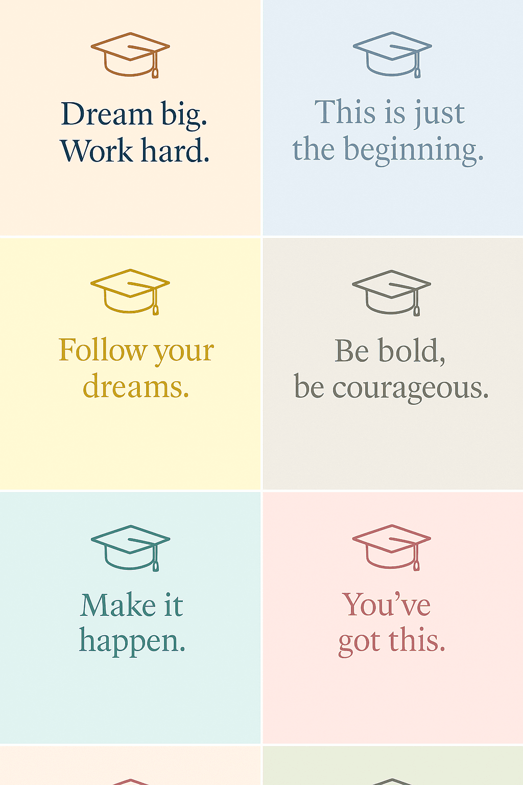A grid of minimal quote cards styled for Pinterest or Instagram Story highlightsâpastel backgrounds, cap illustrations, and elegant typography. Great for resharing or customizing.