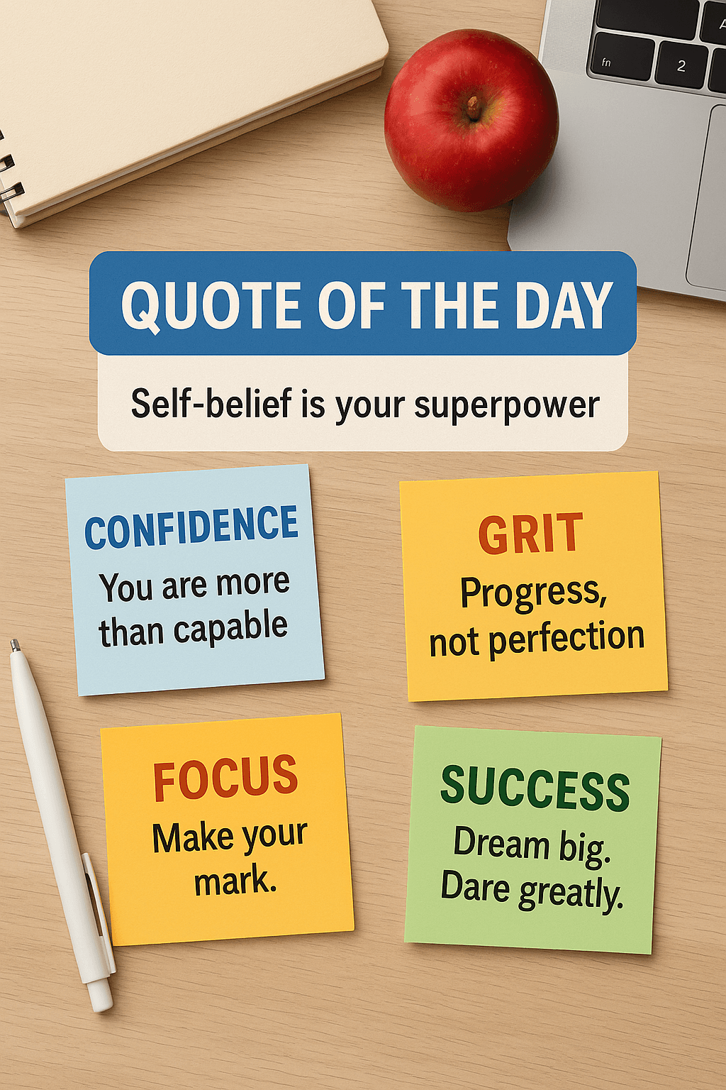 Hero banner with rotating quote carouselFlat-lay student desk with sticky notes of quotes (aesthetic + motivating)Downloadable Instagram carousel with themed quote cards- “Confidence,” “Grit,” “Focus,” “Success”
