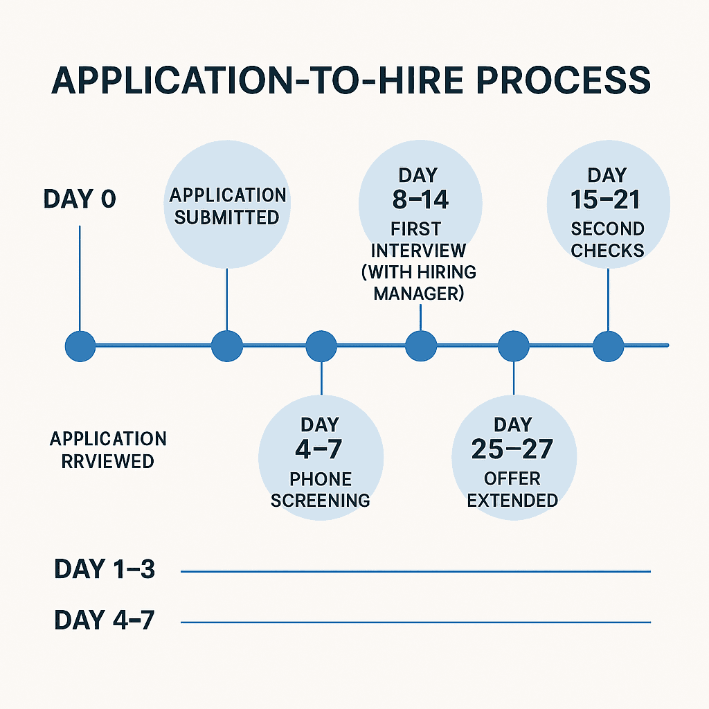 Timeline graphic showing application-to-hire process