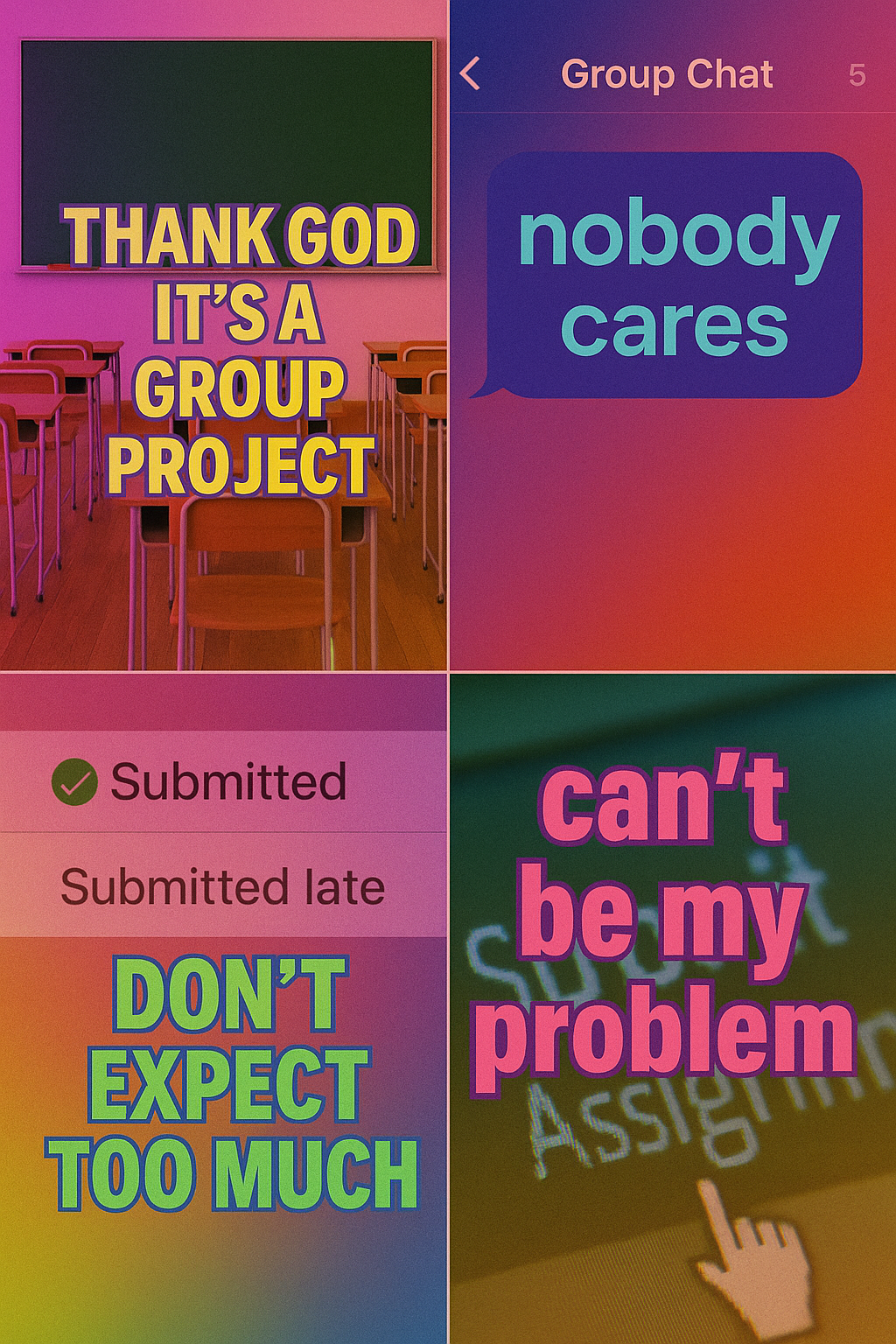 Meme Grid Featuring Gen-Z-Style PostersSarcastic tone, neon gradients, lo-fi aestheticIdeal for Pinterest boards, IG reels, or WhatsApp stickersQuotes overlayed on relatable school life visuals- empty desks, group chats, “submitted late” portals